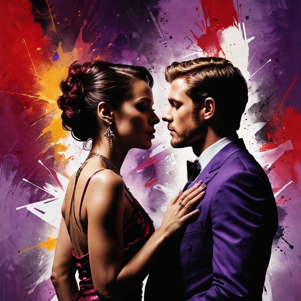 A captivating collage featuring iconic silhouettes of celebrity performers intertwined with artistic elements like paint splashes and abstract shapes. In the background, a soft-focus spotlight highlights intimate expressions, symbolizing the intersection of fame and artistic eroticism. The color palette incorporates deep reds, purples, and golds to evoke a sense of luxury and allure. The composition should feel both dynamic and sophisticated, drawing viewers into a world where art meets adult expression. super-realistic. vibrant colors. soft-focus background.