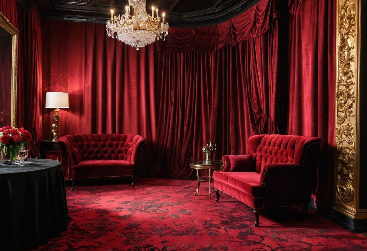 An elegant, sophisticated setting with a luxurious velvet backdrop. Showcase a diverse group of alluring, premium adult performers engaging joyfully, ensuring a sense of empowerment and artistry. Include hints of high-quality film reels and cameras symbolizing the cinematic aspect, with soft, warm lighting enhancing the intimate atmosphere. Incorporate tasteful and abstract patterns to evoke a sense of exploration and discovery. super-realistic. vibrant colors. elegant design.